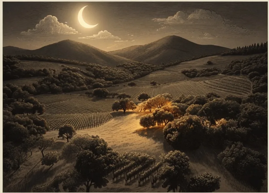 An engraving of the vineyard and hills under a crescent moon, the house lit among the oaks
