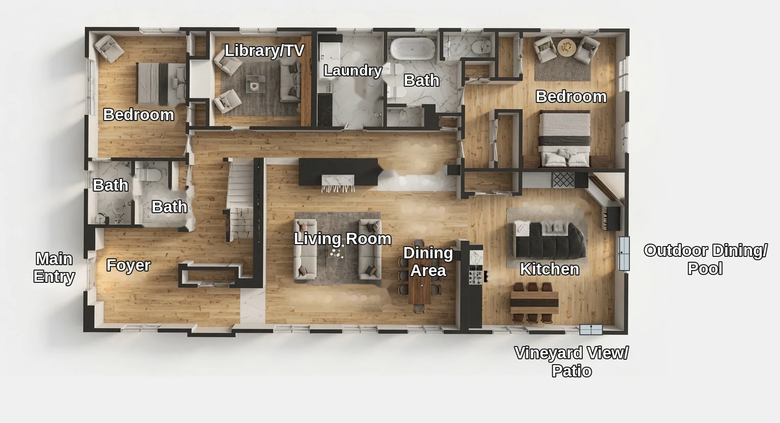 Casa de Chamizal first-floor plan — main entry, foyer, living room, dining area, kitchen, two bedrooms and baths