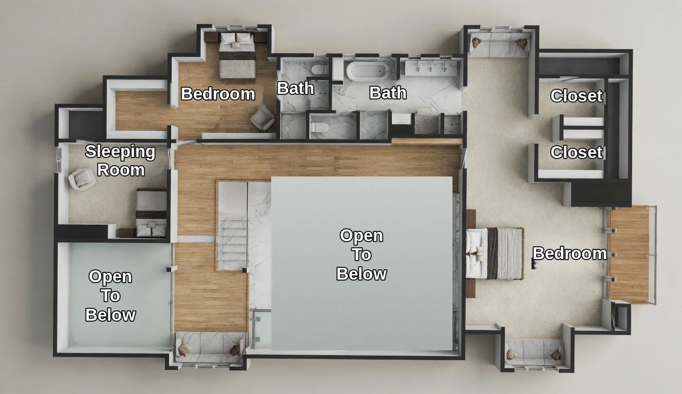 Casa de Chamizal second-floor plan — two bedrooms, sleeping room, two baths, walk-in closets, and the open-to-below over the great room